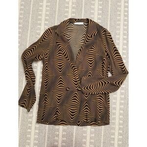 MANGO 4 S Top Jacket Brown Black Psychedelic Print Button Front V Neck EUC